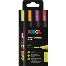 Uni POSCA marqueur peinture PC-5M, 1,8 - 2,5 mm, étui de 4 pièces en couleurs fluo
