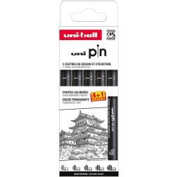 Uni Pin fineliner, pointes calibrées, noir, 0,1-0,3-0,5-0,7-0,9 mm, blister de 4 + 1 gratuit