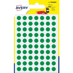 Avery PSA08V etiquettes pastilles rondes, diamètre 8 mm, blister de 490 pièces, vert