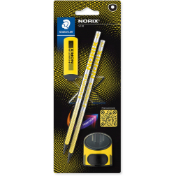 Staedtler Norix crayon graphite, HB, avec taille-crayon et gomme, jaune, blister de 2 pièces