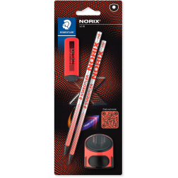 Staedtler Norix crayon graphite, HB, avec taille-crayon et gomme, corail, blister de 2 pièces