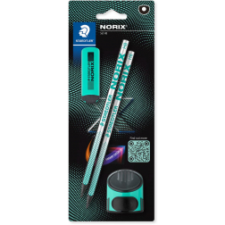 Staedtler Norix crayon graphite, HB, avec taille-crayon et gomme, vert, blister de 2 pièces