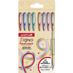 Uni-ball roller Signo Mettalic, pointe moyenne, couleurs assorties, étui de 8 pièces