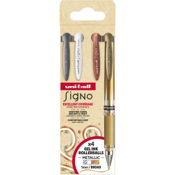 Uni-ball roller Signo Broad Creative, pointe large, étui de 4 pièces: argent, blanc, bronze, or