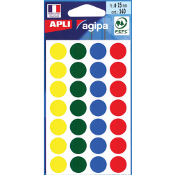 Agipa étiquettes ronds en pochette diamètre 15 mm, couleurs assorties, 140 pièces, 28 par feuille