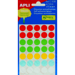 Apli étiquettes rondes en pochette diamètre 13 mm, couleurs assorties, 175 pièces, 35 par feuille (7108)