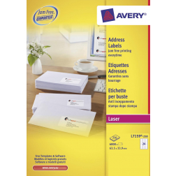 Avery L7159, Etiquettes adresses, Laser, Ultragrip, blanches, 250 pages, 24 per page, 63,5 x 33,9 mm