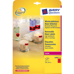 Avery étiquettes néon amovibles ft 210 x 297 mm (l x h), boîte de 25 feuilles, 25 pièces, rouge néon