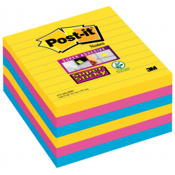 Post-it Super Sticky notes XL Carnival, 90 feuilles, ft 101 x 101 mm, ligné, assorti paquet de 6 blocs