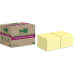 Post-it Super Sticky Notes Recycled, 70 feuilles, ft 76 x 76 mm, jaune, paquet de 12 blocs