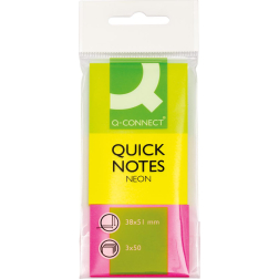 Q-CONNECT Quick Notes, ft 38 x 51 mm, 50 feuilles, étui de 3 blocs en couleurs néon