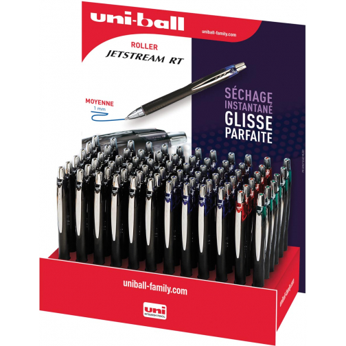 Uni-ball Jetstream roller, rétractable, largeur de trait 0,45 mm, présentoir de 72 pièces, assorties
