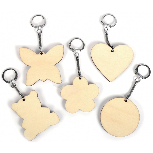 Graine Créative Porte-clés en bois, différentes formes, diamètre 55 mm, sachet de 10 pièces