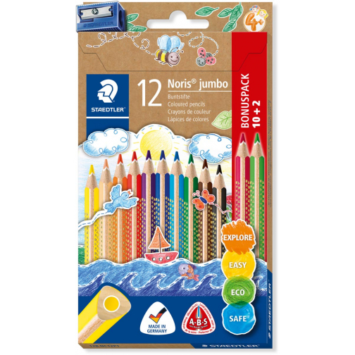 Staedtler Noris Jumbo crayons de couleur, étui de 10 + 2 gratuit + taille-crayon