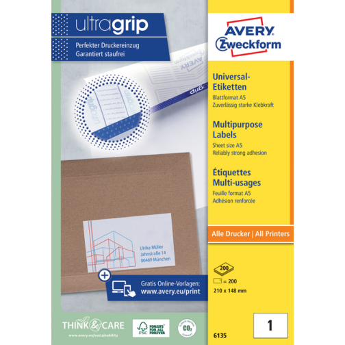 Etiket Avery Zweckform 6135 210x148mm wit 200stuks