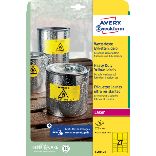 Etiket Avery Zweckform L6105-20 63.5x29.6mm geel 540stuks