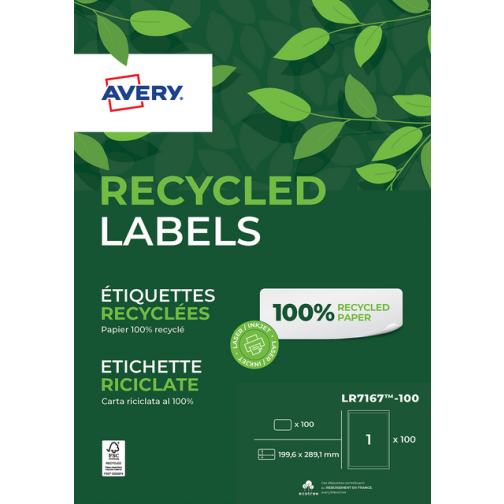 Etiket Avery LR7167-100 199.6x289.1mm recycled wit 100stuks