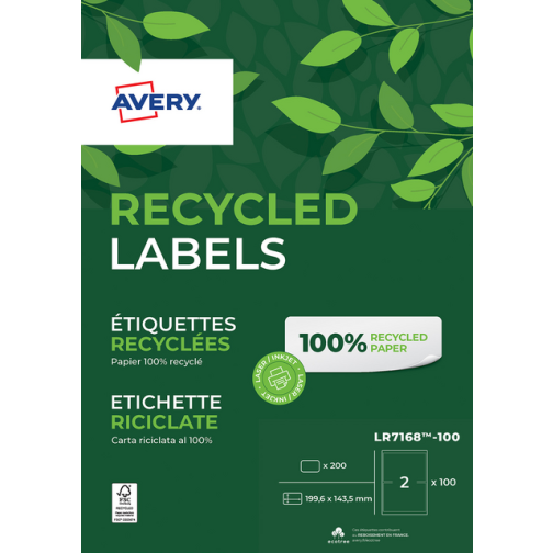 Etiquette Avery LR7168-100 199,6x143,5mm recyclé blanc 200 pièces