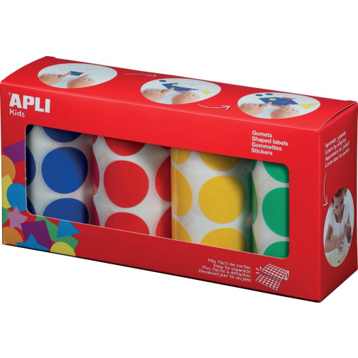 Apli Kids gommettes XL, diamètre 33 mm, boîte avec 4 rouleaux en 4 couleurs