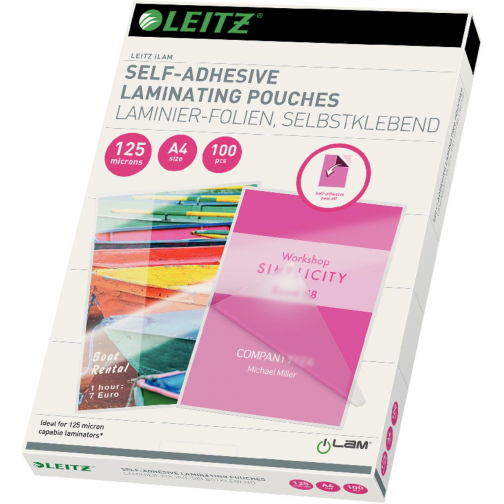 Leitz Eva pochette à plastifier ft A4, 250 microns (2 x 125 microns), auto-adhésive, paquet de 100 pièces