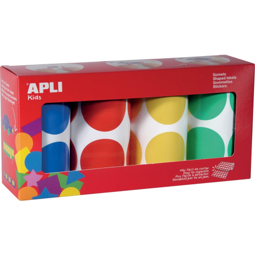 Apli Kids gommettes XL, diamètre 45 mm, boîte avec 4 rouleaux en 4 couleurs
