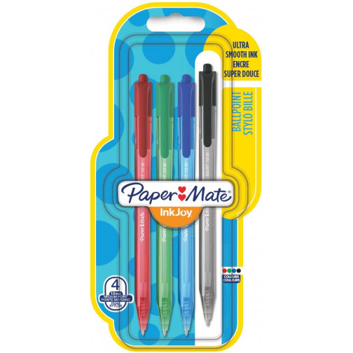 Paper Mate stylo bille InkJoy 100 RT, blister de 4 pièces en couleurs assorties