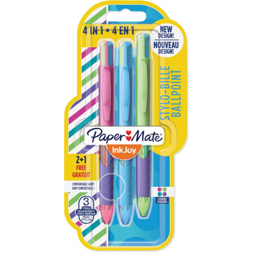 Paper Mate stylo bille 4 couleurs Inkjoy Quatro Joie De Vivre, blister 2 + 1 gratuit