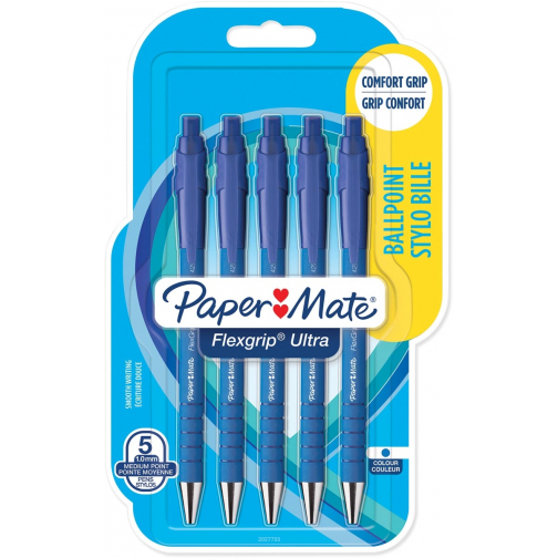 Paper Mate stylo bille Flexgrip Ultra RT moyenne, blister de 5 pièces, bleu