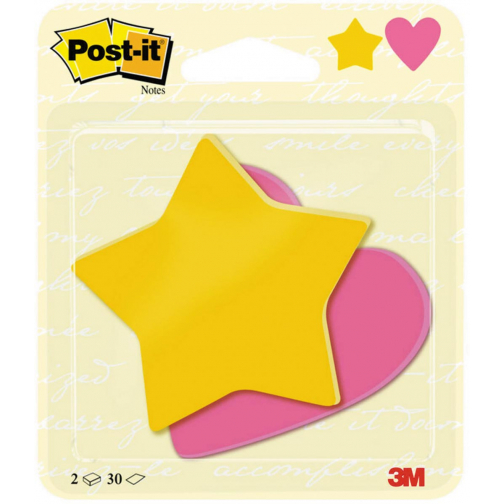Post-it notes, 2 x 30 feuilles, ft 70 x 72 mm, étoile ultra jaune, coeur power roze