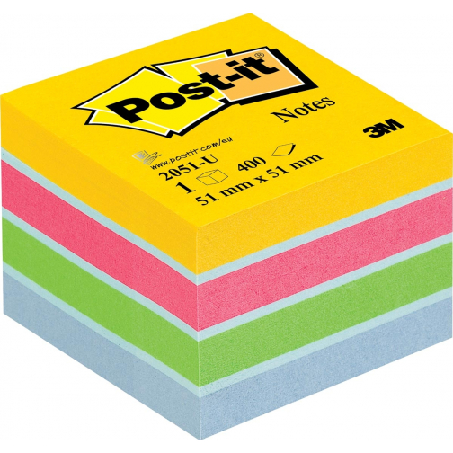 Post-it Notes mini cube, 400 feuilles, ft 51 x 51 mm, couleurs assorties