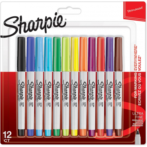 Sharpie marqueur permanente, extra fine, blister de 12 pièces en couleurs assorties