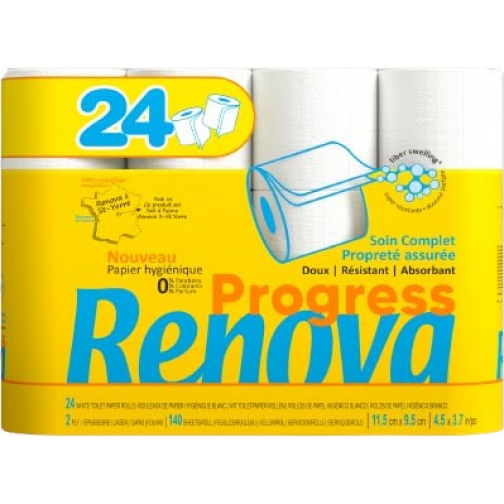 Renova Progress papier toilette, 2 plis, 140 feuilles, paquet de 24 rouleaux