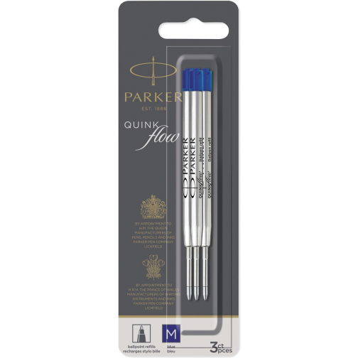 Parker Quinkflow recharge pour stylo bille, pointe moyenne, bleu, blister de 3 pièces