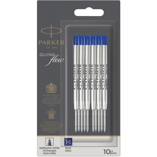 Parker Quinkflow recharge pour stylo bille, pointe moyenne, bleu, blister de 10 pièces