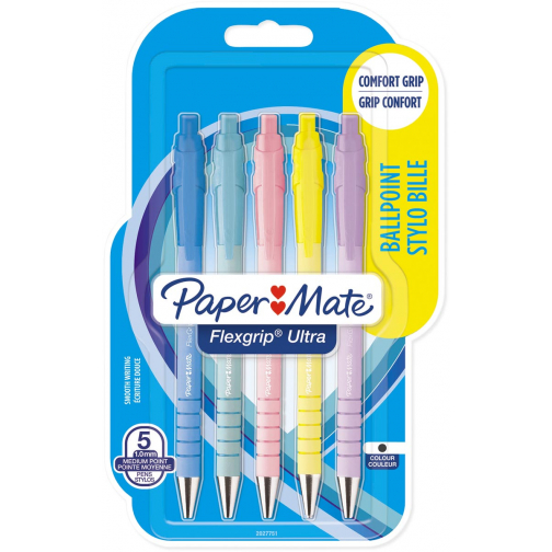 Paper Mate stylo bille Flexgrip Pastel RT, moyenne, encre bleu, blister de 5 pièces, assorti