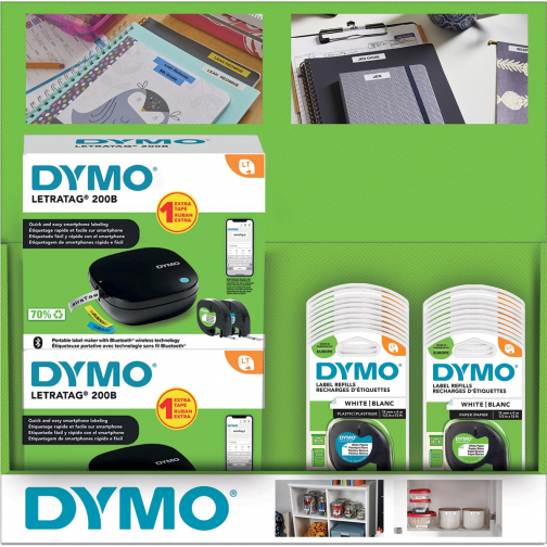 Display Dymo: 6 x LetraTag 200B promopack + 20 x tape (10 x papier et 10 x plastique)