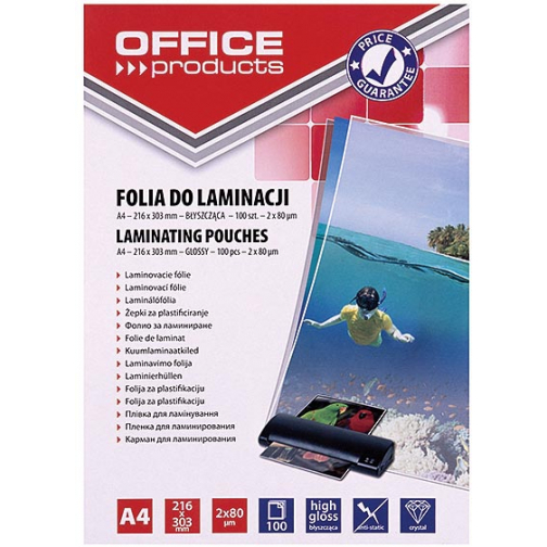 OFFICE products pochette à plastifier ft A4, 160 microns (2 x 80 microns), paquet de 100 pièces
