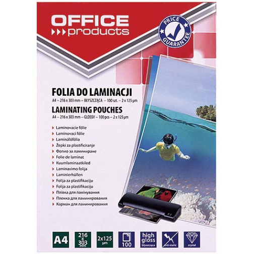 OFFICE products pochette à plastifier ft A4, 250 microns (2 x 125 microns), paquet de 100 pièces