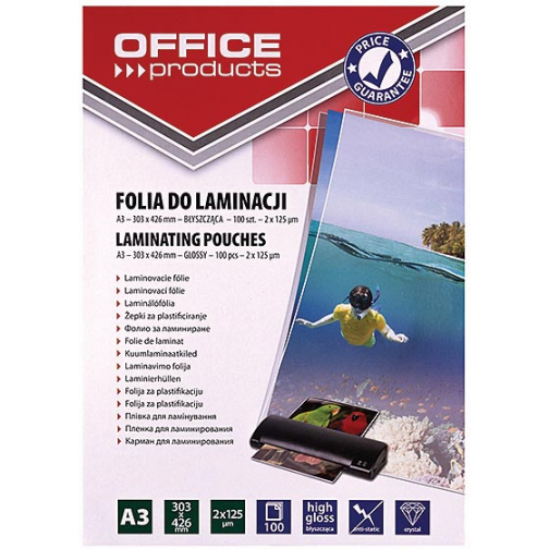 OFFICE products pochette à plastifier ft A3, 250 microns (2 x 125 microns), paquet de 100 pièces