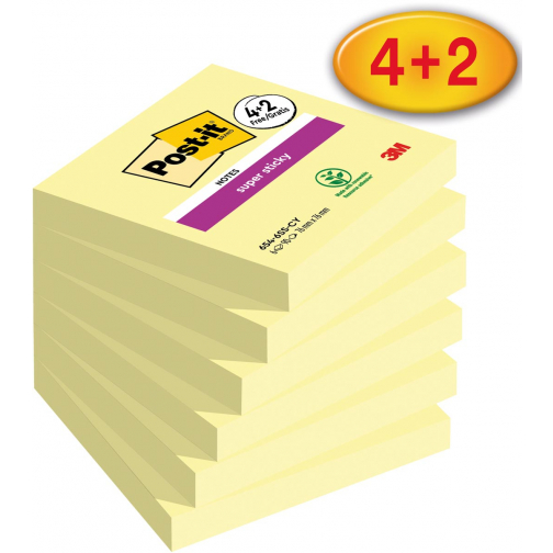 Post-it Super Sticky notes Canary Yellow, 90 feuilles, ft 76 x 76 mm, 4 + 2 GRATUIT
