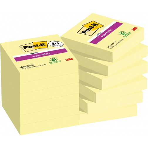 Post-it Super Sticky notes Canary Yellow, 90 feuilles, ft 47,6 x 47,6 mm, 8 + 4 GRATUIT