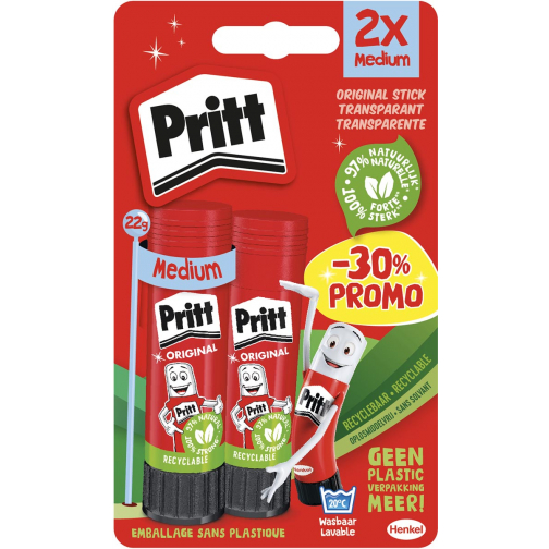 Pritt bâton de colle, 22 g, blister de 2 pièces, remise de 30 %