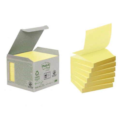 Post-it Recycled z-notes, 100 feuilles, ft 76 x 76 mm, jaune, paquet de 6 blocs