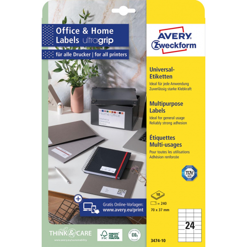 Avery Zweckform étiquettes polyvalentes, 70x37 mm, blanc, adhésif permanent, 240 étiquettes, 10 feuilles