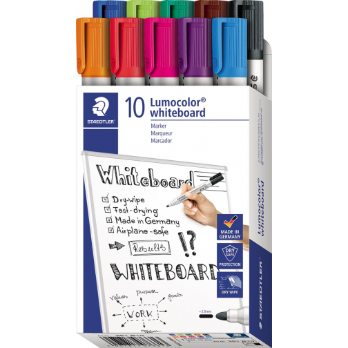 Staedtler marqueur pour tableaux blancs Lumocolor, boîte de 10 pièces en couleurs assorties
