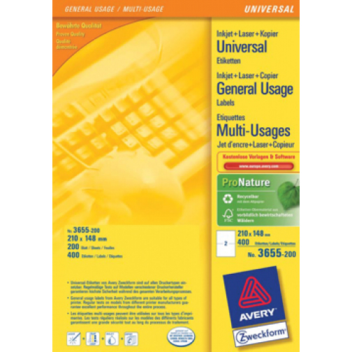 Avery Zweckform 3655-2, étiquettes universelles, Ultragrip, blanc, 200 feuilles, ft 210 x 148 mm