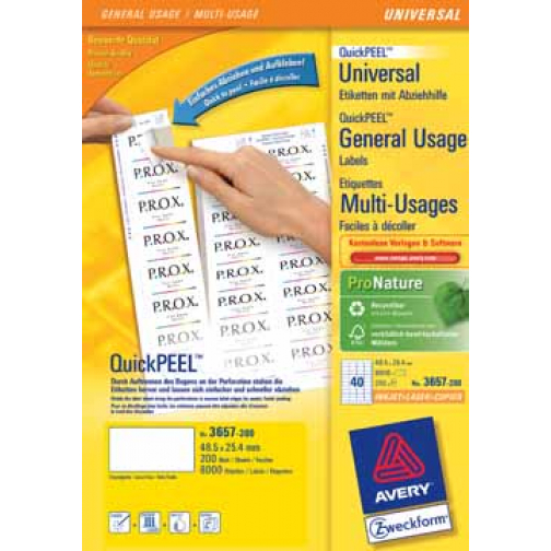 Avery Zweckform 3657-2, étiquettes universelles, Ultragrip, blanc, 200 feuilles, ft 48,5 x 25,4 mm