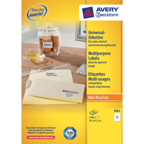 Avery Zweckform 3661, étiquettes universelles, Ultragrip, blanc, 100 feuilles, 70 x 67,7 mm