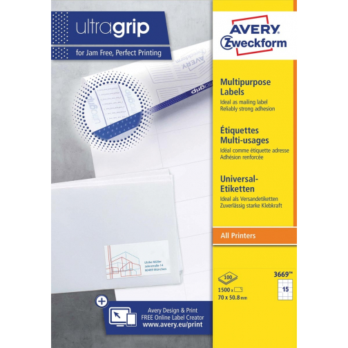 Avery Zweckform 3669, étiquettes universelles, Ultragrip, blanc, 100 feuilles, ft 70 x 50,8 mm