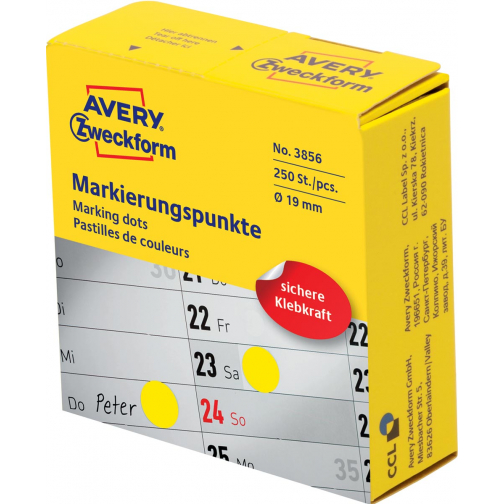 Avery marking dots, diamètre 19 mm, rouleau avec 250 pièces, jaune